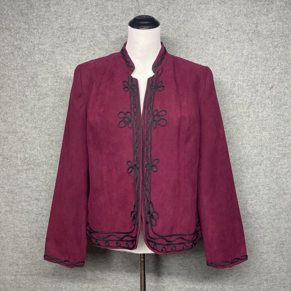 Dress Barn XL Burgundy Faux Suede Jacket w/Black Scrollwork Embroidery Mandarin - Picture 10 of 10